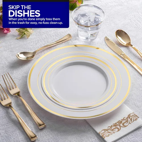 Vista 7 de Juego de cubiertos de plástico resistente (dorado) de 75 piezas, juego de cubiertos desechables, ideal para fiestas, bodas y catering, cubiertos