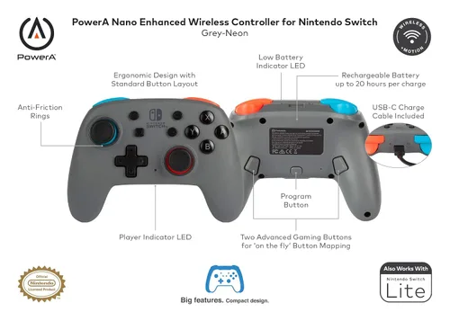 Vista 5 de PowerA Nano Enhanced Wireless Controller for Nintendo Switch - Grey-Neon Works with Nintendo Switch Lite Bluetooth Controller Gamepad Compact
