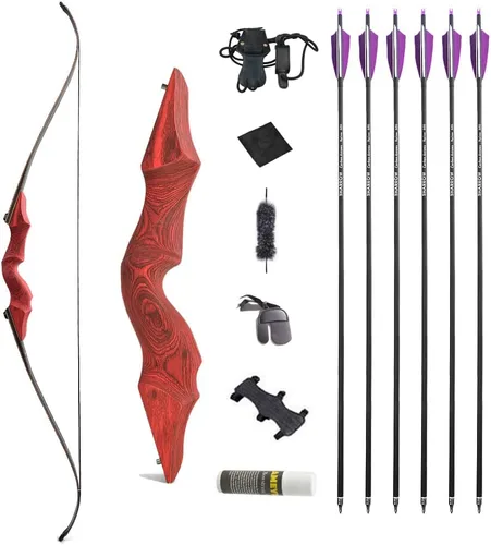 Vista 19 de Juego de arco recurvo y flecha original de 60 pulgadas Black Hunter Takedown de 20 a 60 libras, arco largo de madera tradicional RH&LH para caza