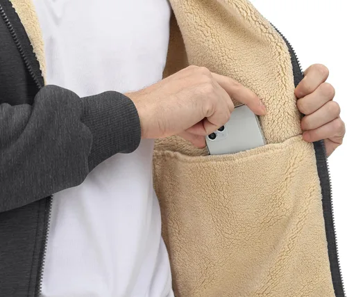 Vista 7 de CRYSULLY Chaqueta con forro de sherpa para hombre, con cremallera completa, sudadera con capucha para invierno