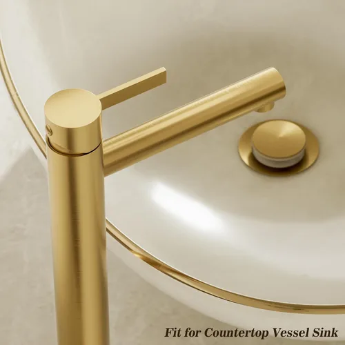 Vista 2 de Phiestina FH01-BG-V - Grifo de lavabo de baño de oro cepillado, un solo agujero, grifo alto de baño de una sola manija, con drenaje desplegable