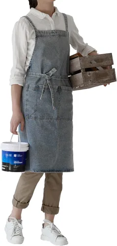 Vista 22 de Delantal Tobyan de Mezclilla de Algodón Suave - Delantal Unisex Ajustable con Babero de 5 Bolsillos Perfecto para Cocinas