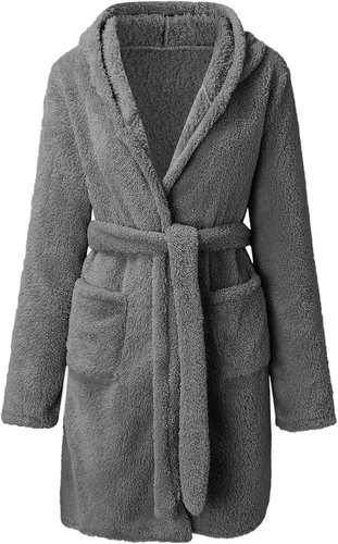 Vista 6 de Batas de baño con capucha para mujer ligera de forro polar acogedora cálida para dormir kimono con bolsillos
