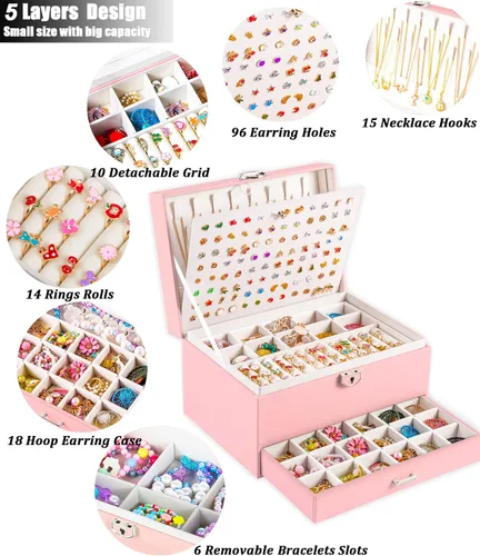Vista 2 de QBestry Soporte para aretes para niñas, joyero para mujeres y niñas, organizador de aretes, caja organizadora de joyas con cerradura, caja