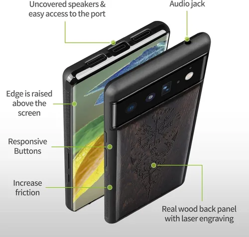 Vista 8 de Carveit Funda de madera para Pixel 6 Pro [madera real y TPU suave] a prueba de golpes, híbrida, cubierta de madera única y elegante compatible