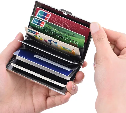 Vista 19 de BONSYL® Soporte para tarjetas de crédito, cartera delgada de metal con bloqueo RFID, con 6 ranuras para tarjetas, para mujeres y hombres.
