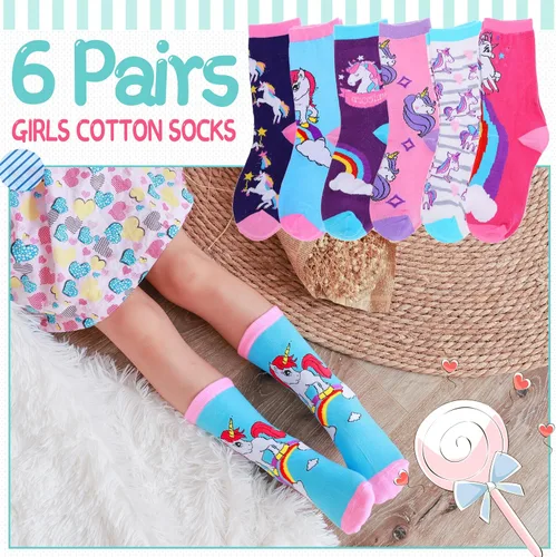 Vista 2 de EBMORE Kids Girls Socks Cotton Crew Cute Animal Pattern Fashion Fun Novelty Socks 6 Pack