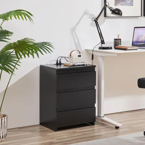 Vista 7 de Yaheetech Juego de 2 mesitas de noche, mesita de noche con estación de carga, armario de almacenamiento de 3 cajones con 2 puertos USB y tomas