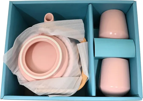 Vista 5 de Urban Tokyo Juego de té de cerámica con bandeja de bambú, tetera de 20 onzas líquidas con 2 tazas, esmalte mate satinado, servicio de té de Rosa