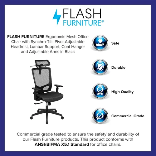 Vista 4 de Flash Furniture Layla - Silla de oficina ergonómica de malla con inclinación sincronizada, reposacabezas ajustable pivote, soporte lumbar, colgador