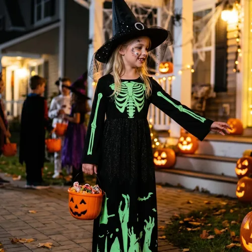 Vista 8 de Baluue Vestido de Halloween que brilla en la oscuridad, disfraz de bruja