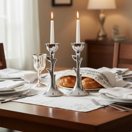 Vista 3 de nambe Candelabros de sábado del árbol de la vida, portavelas de metal de 8 pulgadas, portavelas decorativos modernos para mesa o mantel de Shabat