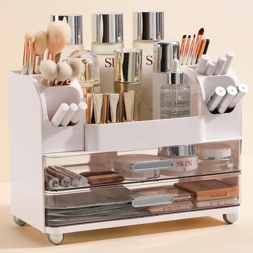 Vista 7 de Organizador de maquillaje Anyoifax para encimera con cajones grandes, organizador de tocador con soporte para brochas, almacenamiento