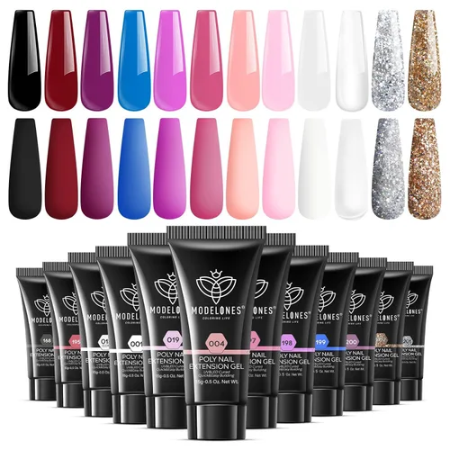 Vista 10 de Modelones - Juego de gel de extensión de uñas de polietileno, kit de gel de 12 colores con tonos rosa brillante y desnudo, para manicura francesa