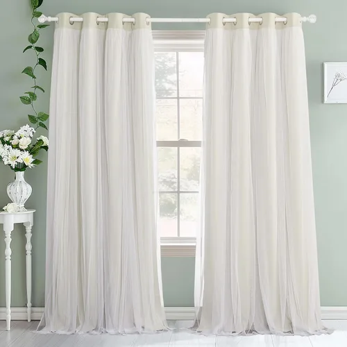 Vista 2 de PONY DANCE Cortinas de Doble Capa - Cortinas Opacas de 63 Pulgadas de Largo, Diseño con Ojales en la Parte Superior, Paneles Transparentes Blancos