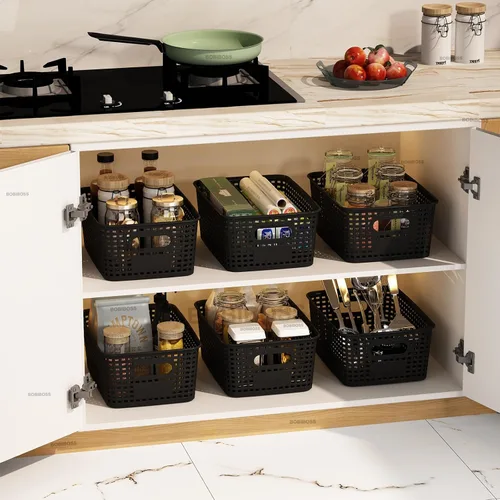 Vista 6 de Cestas de almacenamiento de plástico negro con tapas, paquete de 10 recipientes de almacenamiento apilables contenedores para organización