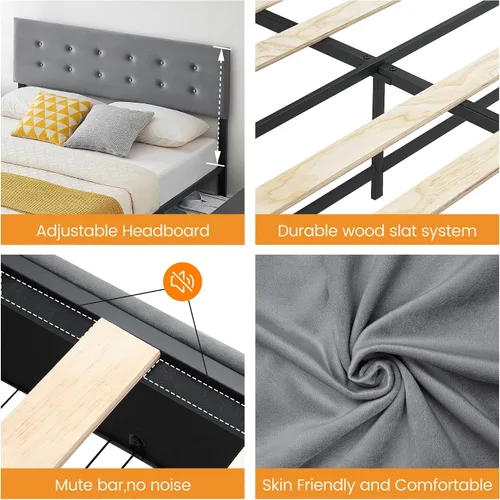 Vista 7 de Alkmaar Base de cama tapizada de terciopelo tamaño matrimonial con 4 cajones de almacenamiento y cabecero, base de colchón con botones cosidos