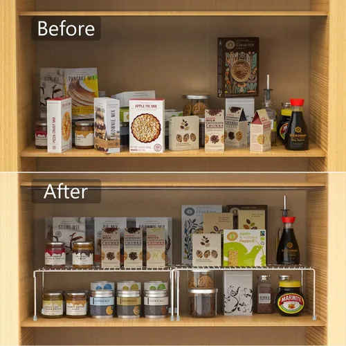 Vista 3 de Juego de 2 estantes organizadores de gabinete de cocina, organizador apilable y almacenamiento para armario de cocina, estantes elevados expandibles
