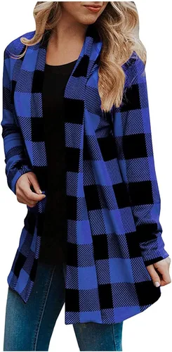 Vista 2 de Women's Long Sleeve Open Front Cardigan Buffalo Plaid Knitted Tops Shirts