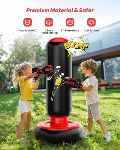 Vista 4 de QPAU Kids Punching Bag Toy with Boxing Gloves, 66 Inch Larger Stable Kids Inflatable Boxing Bag Set, Gifts for Boys & Girls Age 6-12, for Practicing