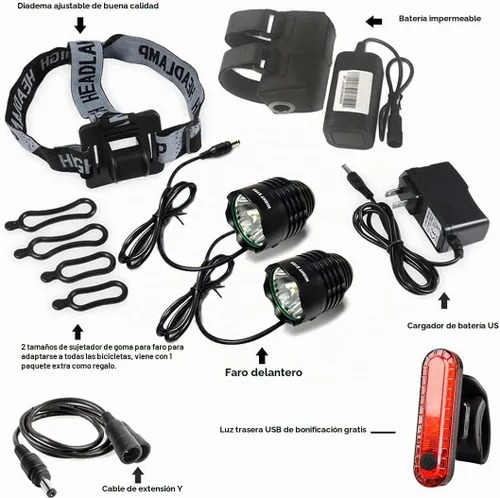 Vista 2 de Night Eyes - Luz frontal para bicicleta de 2400 lúmenes (1200 LMx2) para bicicleta de montaña, recargable, 8,4 V, ABS, batería impermeable - Faro