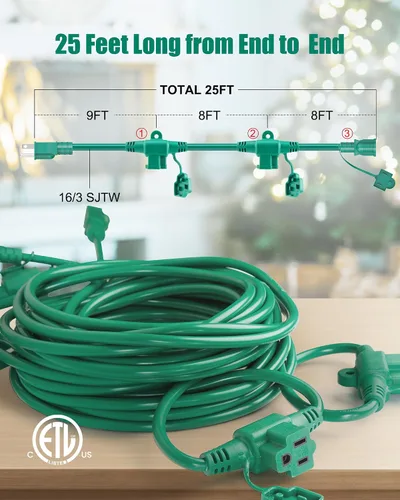 Vista 2 de Brightown Cable de extensión para exteriores, múltiples salidas, cable de extensión de luz de Navidad de 25 pies, espaciado uniformemente, 3