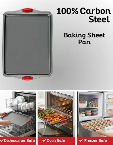 Vista 7 de Boxiki Kitchen Bandeja antiadherente para hornear y galletas, no tóxica de acero al carbono con borde de 11 x 14 pulgadas. Resistente a abolladuras