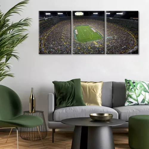 Vista 4 de 3 piezas de arte de pared en lienzo de fútbol de Green Bay, Estadio deportivo estadounidense Lambeau Field para decoración de pared del hogar
