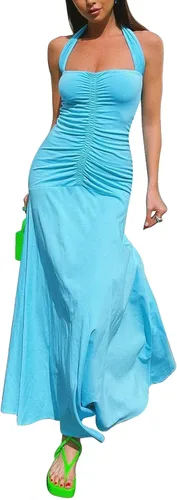Vista 2 de aporake Vestido largo con tirantes delgados para mujer, sexy, sin espalda, estampado floral, ajustado, para salir y fiesta en el club