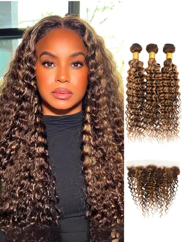 Vista 10 de Cabello Humano Rizado Castaño Rojizo, Trama Gruesa Castaño Cobrizo Rojo Coloreado Ondas Profundas Paquetes Individuales Cabello Humano 12A Tejido