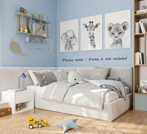 Vista 5 de Safari Animals - Juego de 3 impresiones artísticas de pared sin marco, carteles de animales grises con pajarita azul, elefante jirafa león, póster