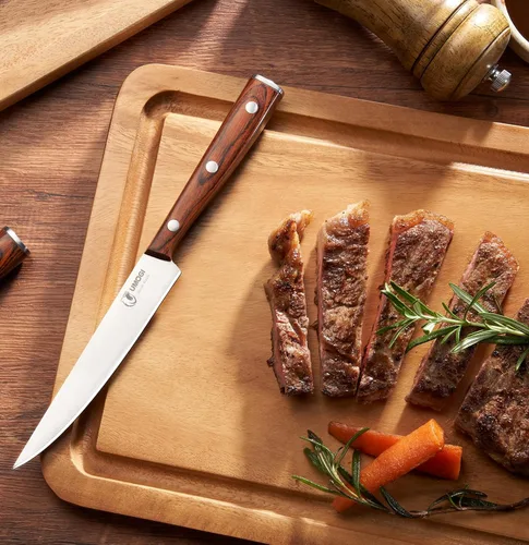 Vista 2 de Juego de 6 cuchillos de carne de alta calidad en caja de regalo, mango de madera pulida, acero inoxidable alemán HC, borde recto, no dentado