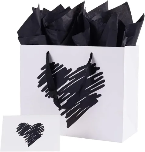 Vista 7 de ysmile Pequeña bolsa de regalo negra con papel de seda para hombres, fiesta de cumpleaños, aniversario, día del padre, 7.8 pulgadas, corazón dorado