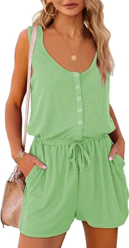 Vista 2 de Mafulus Enterizo de verano para mujer, con cuello redondo y botones, sin mangas, cintura ajustable y bolsillos