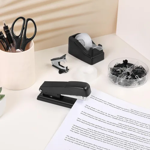 Vista 8 de SKYDUE Juego de suministros de oficina negros, accesorios de escritorio negros, grapadora, dispensador de cinta, tijeras, carpeta/clips de papel