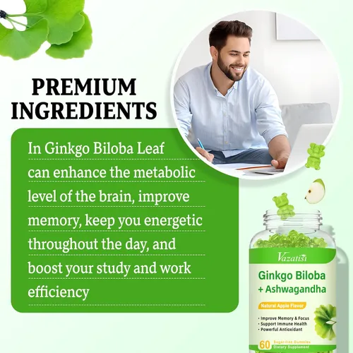 Vista 5 de Ginkgo Biloba - Gomitas de 240 mg con Panax Ginseng para un mejor estado de ánimo y concentración, mejora la salud cerebral, 60 gomitas veganas
