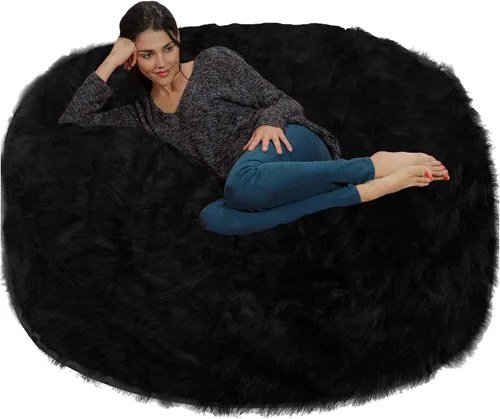Vista 5 de Silla Chill Sack: Puff gigante de espuma viscoelástica de 6 pies. Sofá grande con funda suave de piel sintética de felpa, color negro.