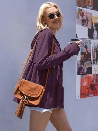 Vista 2 de DEESHA Sudadera con capucha con cremallera completa para mujer plisada escalonada con volantes chaqueta de manga larga