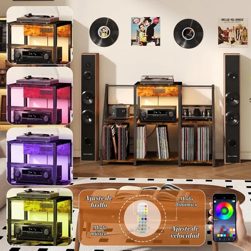 Vista 4 de HavenlyYouth Soporte para tocadiscos, mesa de tocadiscos con tomas de corriente y luz LED, capacidad para hasta 300 álbumes, soporte