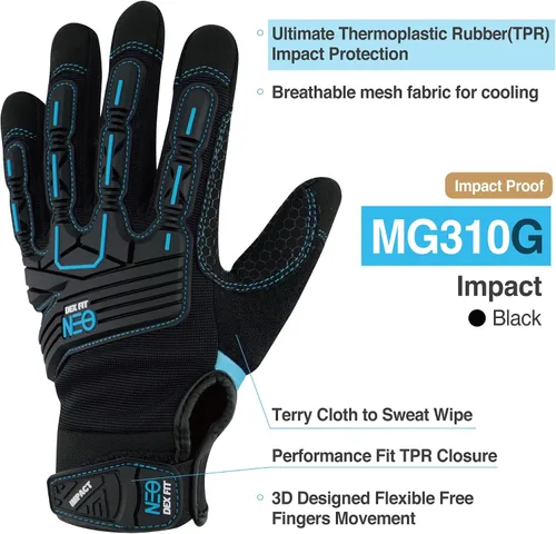 Vista 2 de DEX FIT Guantes de trabajo MG310G Impact, duraderos, agarre resistente, antivibración, amortiguadores, ajuste cómodo, compatibles con pantallas Negro