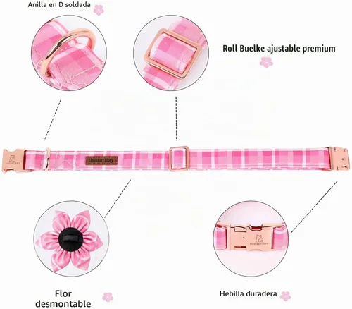 Vista 4 de Collar de perro Lionheart Glory, collar de perro rosa con flor, lindo collar para mascotas con patrón floral ajustable para perros pequeños Rosado