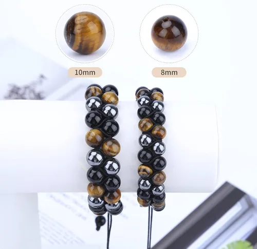 Vista 7 de Pulsera Hecha a Mano de Triple Protección 10mm de Hematita Obsidiana Negra Ojo de Tigre con Piedras de Cristal de Curación para Hombres y Mujeres