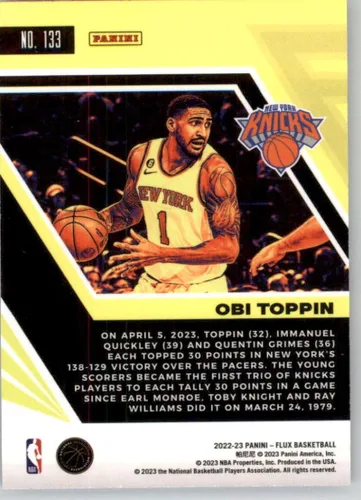 Vista 2 de 2022-23 Panini Flux #133 Obi Toppin New York Knicks Official NBA Basketball Card in Raw (NM or Better) Condition
