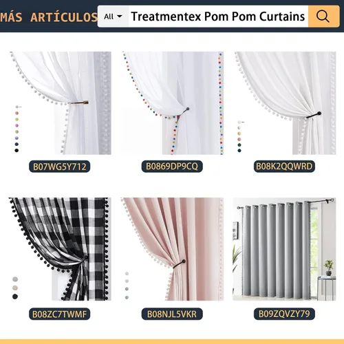 Vista 8 de Cortinas de cuadros blancos y negros con pompones, 45 pulgadas, semitransparentes a cuadros Blanco y negro