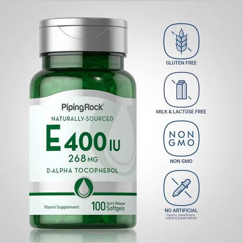 Vista 3 de Piping Rock Vitamina E 400 UI cápsulas de cápsulas blandas 268mg 100 pastillas D-Alpha Tocoferol Suplemento sin OMG, sin gluten