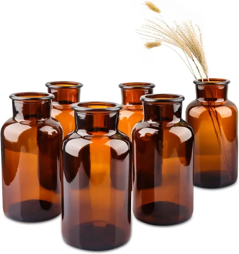 Vista 9 de PINIWON Juego de 12 jarrones ámbar de cristal, frascos de medicina vintage, frascos de boticario, jarrones de flores para decoración del hogar