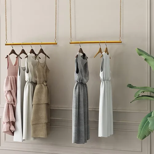 Vista 7 de 2 unidades, 24 estantes de ropa colgantes para boutique, altura ajustable, perchero de metal para vestidos de boda, estante de ropa dorado, colgador