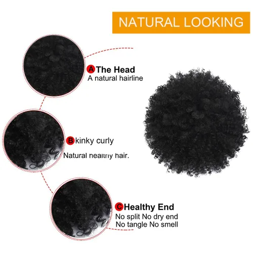 Vista 5 de Extensión de cola de caballo rizada con cordón para mujeres negras, extensiones de cabello sintético corto afro kinkys rizado con dos clips (1#)