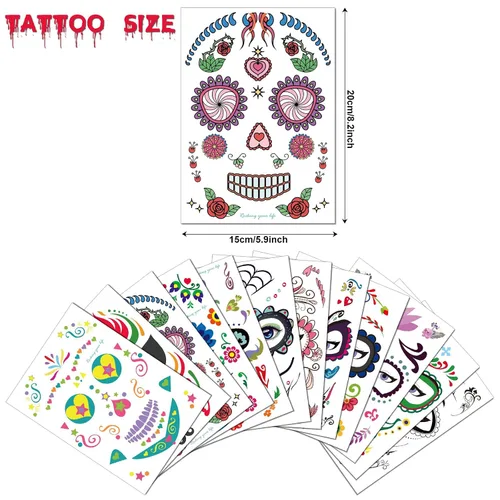 Vista 2 de Tatuajes faciales temporales de Halloween (paquete de 8 unidades), Konsait Día de los Muertos, calavera de azúcar, floral, negro, esqueleto, red