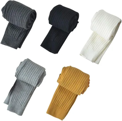 Vista 7 de Paquete de 5 leggings de punto trenzado de algodón para niñas pequeñas, mallas clásicas sin pies, pantalones hasta el tobillo para niños, Blanco